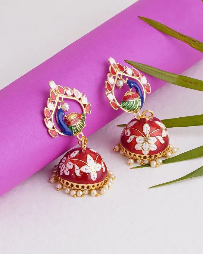 jaipur minakari beautiful earrings peacock bird beautiful color red white perfect gift ethnic wear Indian Pakistani Perfect Gift for her festival royal stylish bollywood classy traditional